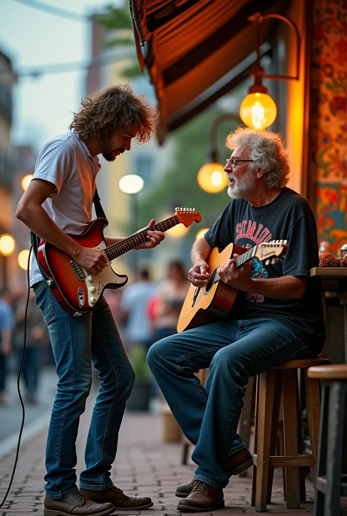 Young Eric Clapton playing guitar, Older Eric Clapton sitting and playing guitar, eric clapton old man playing guitar standing up, in streetwear t-shirt print formats