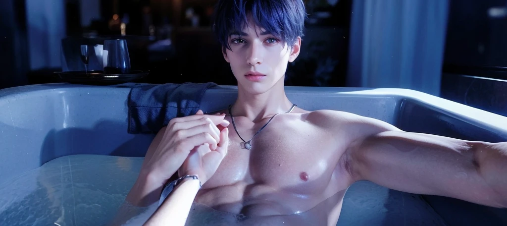 young man, magenta eyes, bathtub, shirtless, silver collar