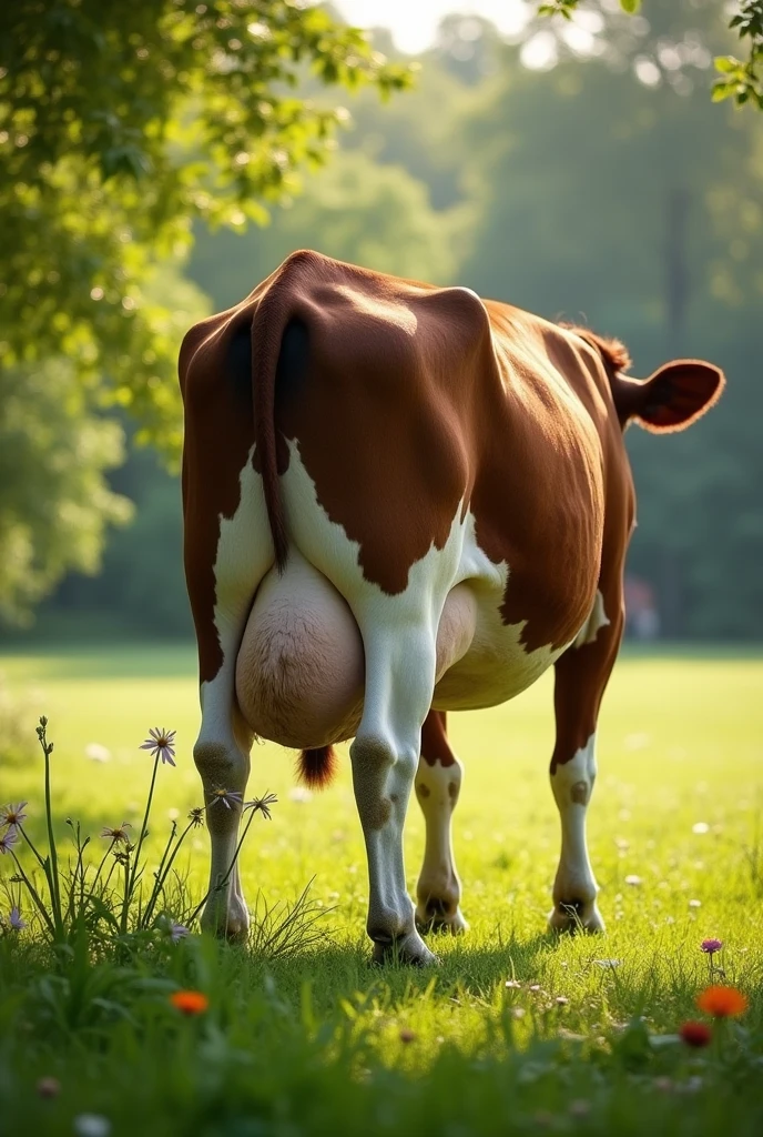 A cow seen from behind with a huge udder 