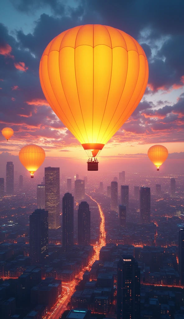 anime inspired Bright Balloons over Urban Skyline: A bright yellow hot air balloon rises above a bustling cityscape at dusk, with skyscrapers and city lights creating a dynamic and energetic backdrop. Realistic and cinematic. Award winning photography. Advertising photography. Commercial photography --chaos 23 --ar 16:9 --stylize 750