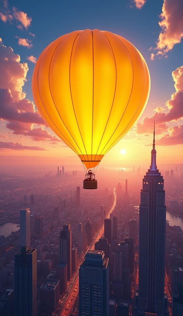 anime inspired Bright Balloons over Urban Skyline: A bright yellow hot air balloon rises above a bustling cityscape at dusk, with skyscrapers and city lights creating a dynamic and energetic backdrop. Realistic and cinematic. Award winning photography. Advertising photography. Commercial photography --chaos 23 --ar 16:9 --stylize 750