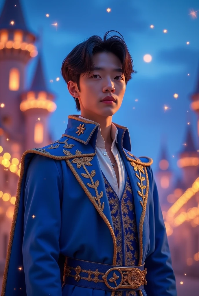 Adult boy Asian look specify me Jungkook from the group bts, with pale skin, blue dress characteristic of the Disney character the prince ben of descendants