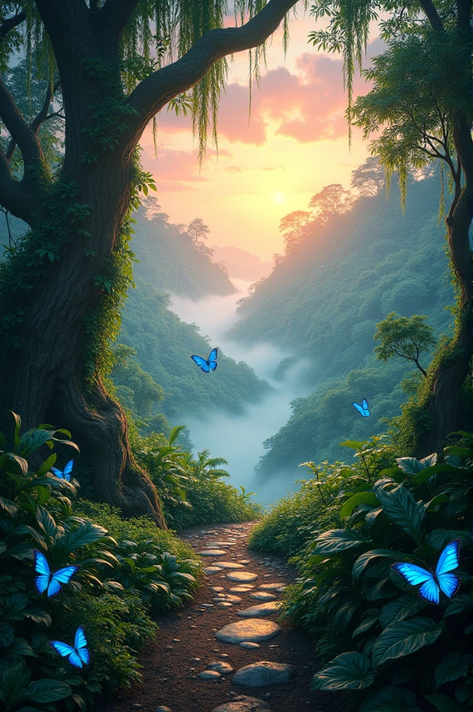 Blue butterflies at dawn in the Amazon rainforest with a long path