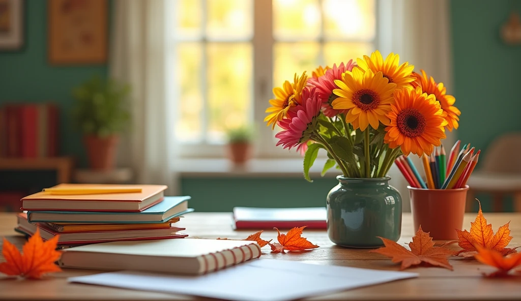 A neatly arranged school desk with fresh flowers, notebooks, pencils, and autumn leaves scattered around, symbolizing the start of the school year, all set on a bright background with soft natural lighting