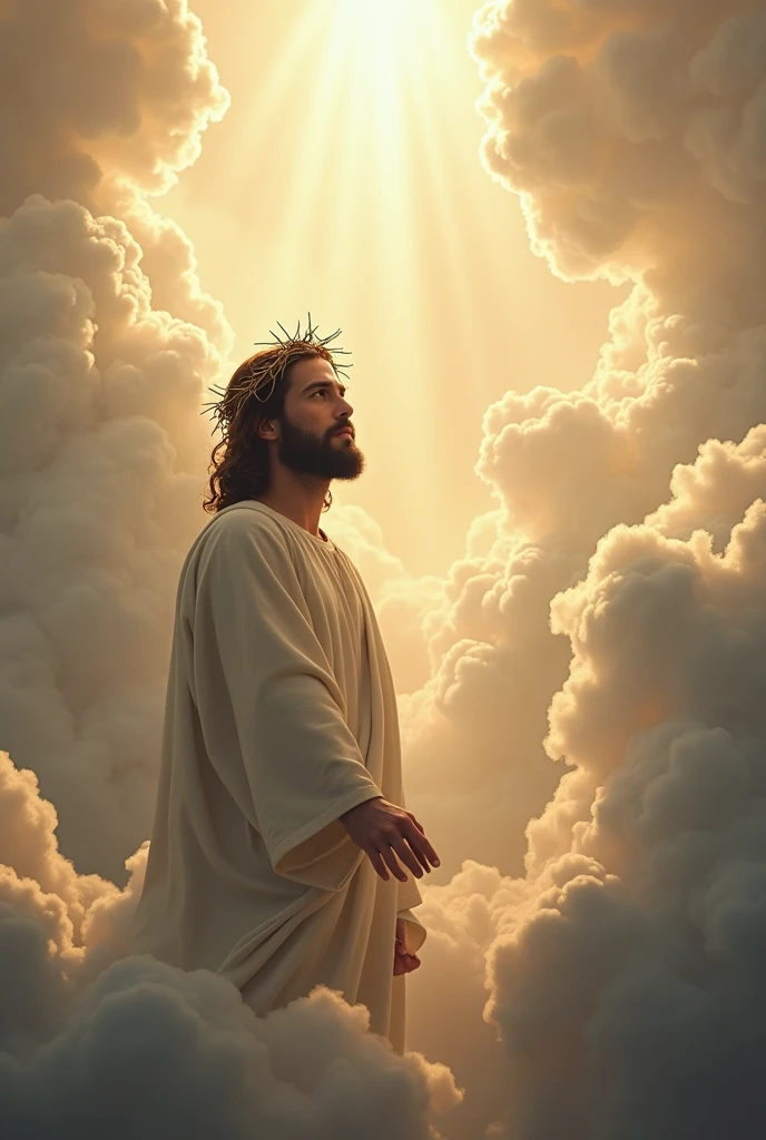 "Jesus, crowned with thorns, majestic and serene, stands high in the clouds of heaven. His gaze is one of compassion and wisdom, directed toward the Earth. The scene is enveloped in a heavenly luminosity, with soft clouds and rays of light highlighting His presence. The background is a vast and ethereal sky, conveying a sense of peace and spirituality."