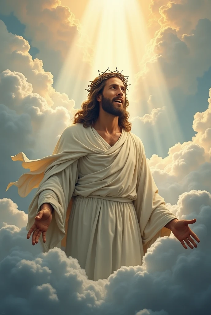 "Jesus, crowned with thorns, majestic and serene, stands high in the clouds of heaven. His gaze is one of compassion and wisdom, directed toward the Earth. The scene is enveloped in a heavenly luminosity, with soft clouds and rays of light highlighting His presence. The background is a vast and ethereal sky, conveying a sense of peace and spirituality."