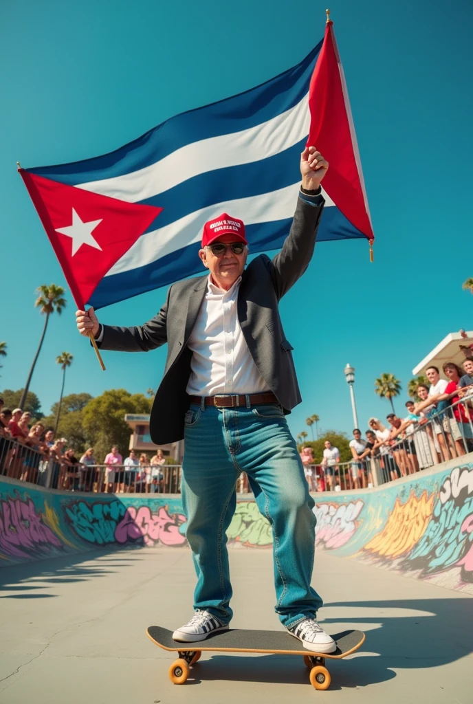 Photo of Donald Trump skateboarding with the Cuban flag