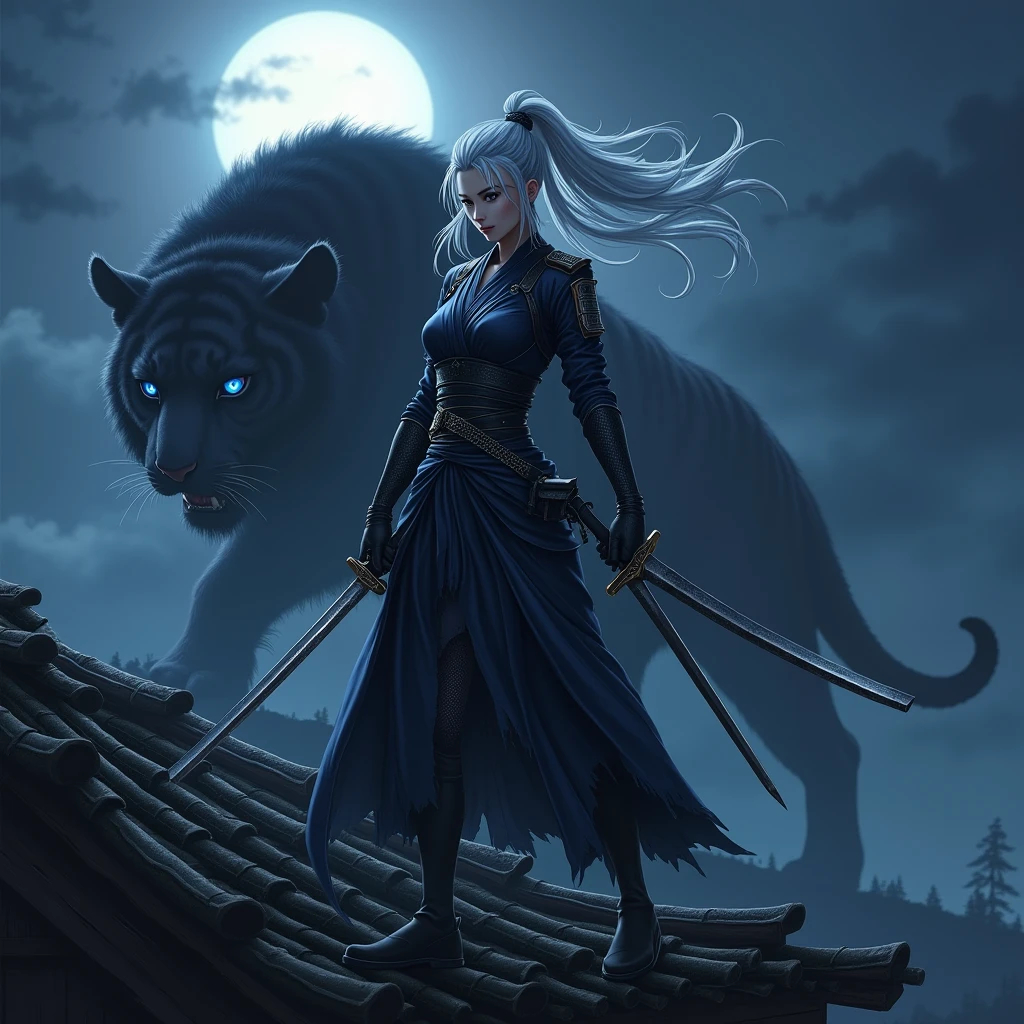 Silver-haired armored kunoichi, blue eyes with aggressive stance wielding dual katanas wearing black and dark blue Japanese ninja armor on Japanese castle roof against night sky and shadow of black tiger