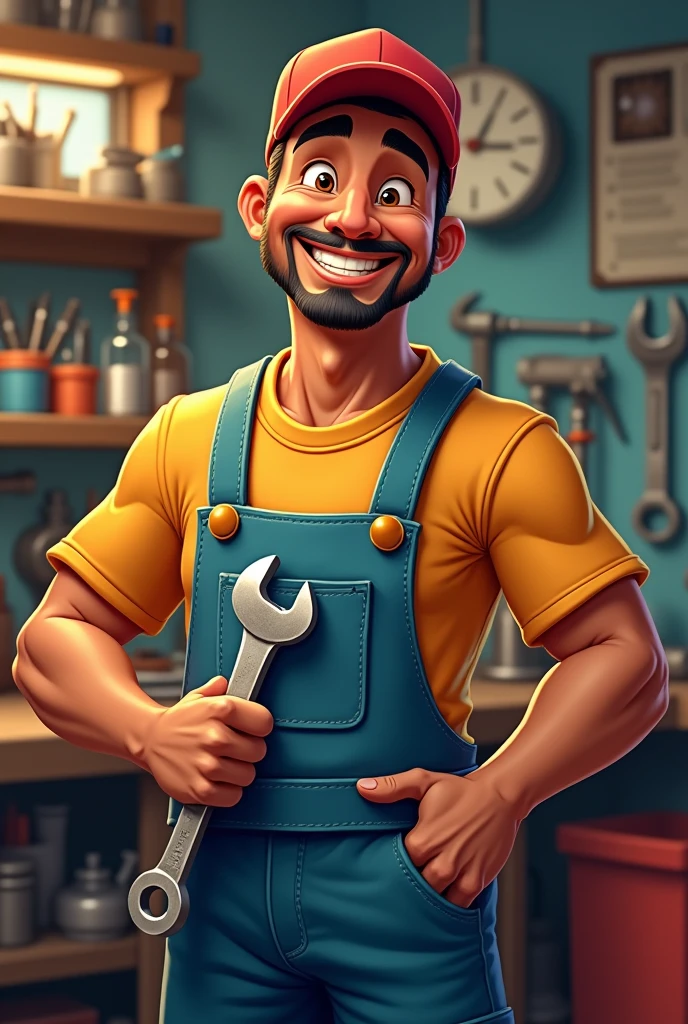 Create a cartoon style brown man with no hair and a close shave (to do), holding a wrench and with your free hand positioned on your waist,not muscular but with a little belly fat,make him with a cap,being about 50 years old 