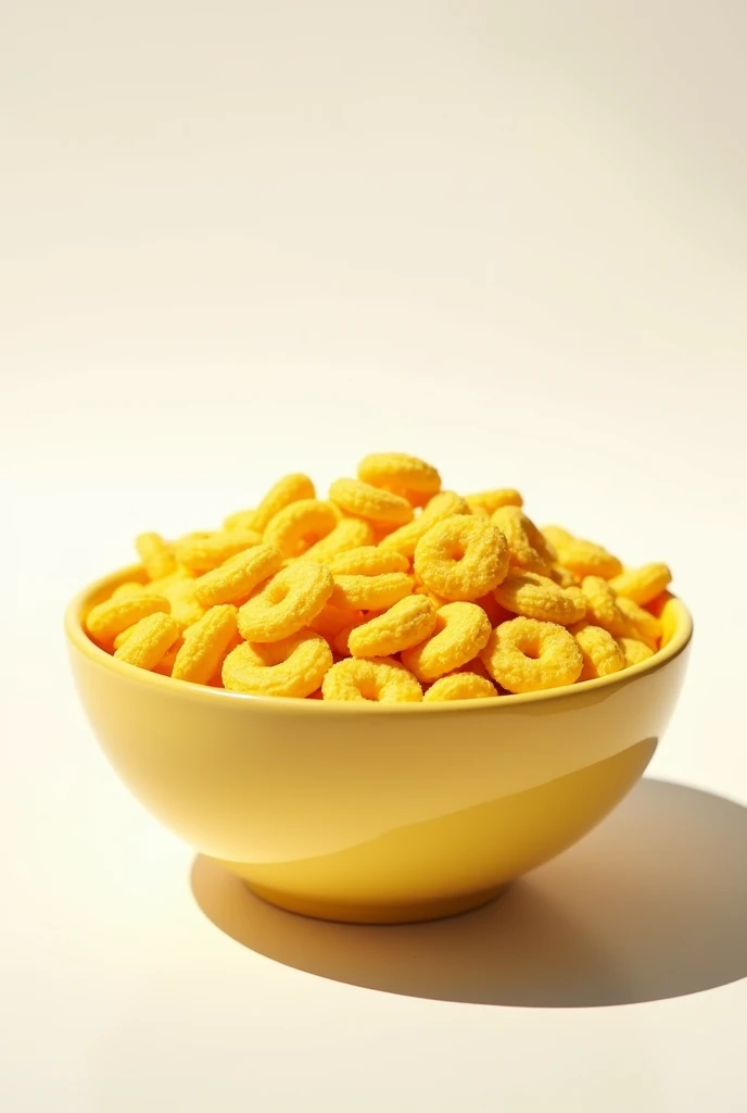  a big bowl with yellow circle shaped cereals with white background