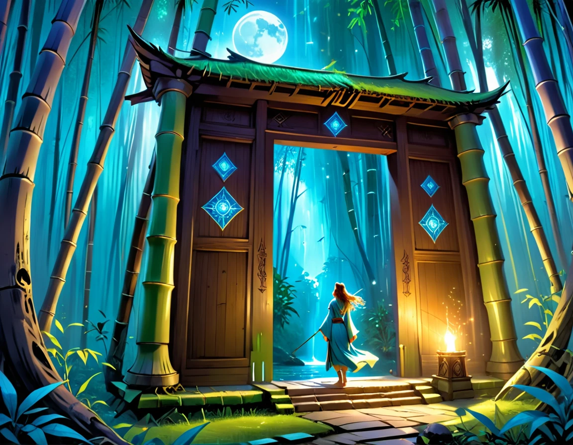  picture of a human sorceress sittings in (bamboo forest: 1.3), opening a large magical doorway, with magical runes on it, looking into the (heavens: 1.3), fantasy art, RPG art, an epic beautiful human woman (best details, Masterpiece, best quality), ultra detailed face (best details, Masterpiece, best quality), dynamic hair color, dynamic hair style, dynamic eyes color, dynamic dress (best details, Masterpiece, best quality), bamboo, the magical doorway opens into the heavens and you can see angels flying, glowing arcane sigils GlowingRunes_paleblue, fantasy bamboo forest at night, moon light, moon rays, stars, Ultra-high resolution, High Contrast, (masterpiece:1.5), highest quality, Best aesthetics), 16K fantasy art, best details, best quality, highres, (ultra wide angle: 1.2), 16k, [ultra detailed], masterpiece, best quality, (extremely detailed), Cinematic Hollywood Film
