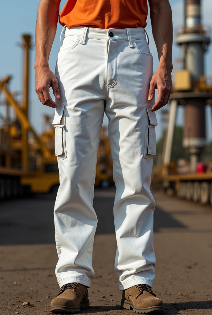 Create a pair of white industrial panties for PDVSA workers with unique finishes and pockets on the pants and chest with different manufacturing finishes