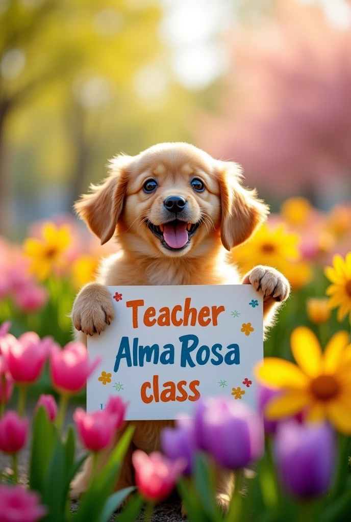 Baby dog holding a sign that says "Teacher AlmaRosa's class" with a background of fresh and beautiful flowers
