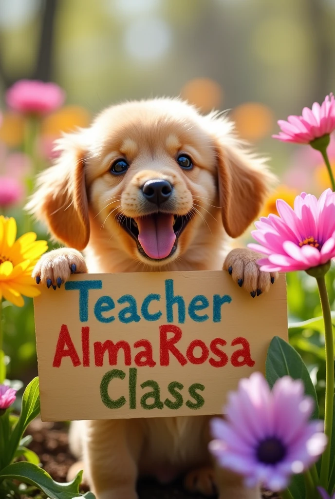  dog holding a sign that says "Teacher AlmaRosa&#39;s class" with a background of fresh and beautiful flowers