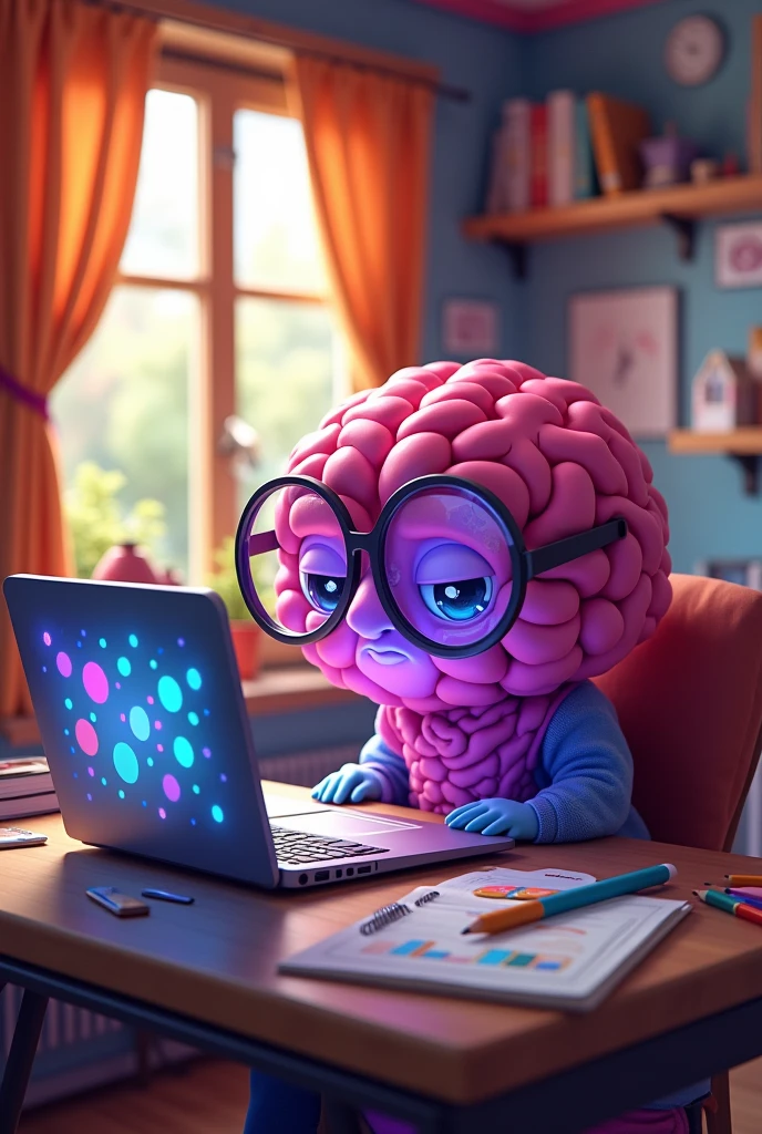 A colorful cartoon brain using a computer wearing glasses