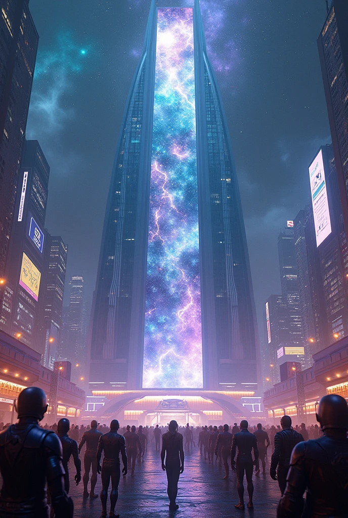 Build a futuristic superhero coliseum with a dark sky, planets, and the galaxy.