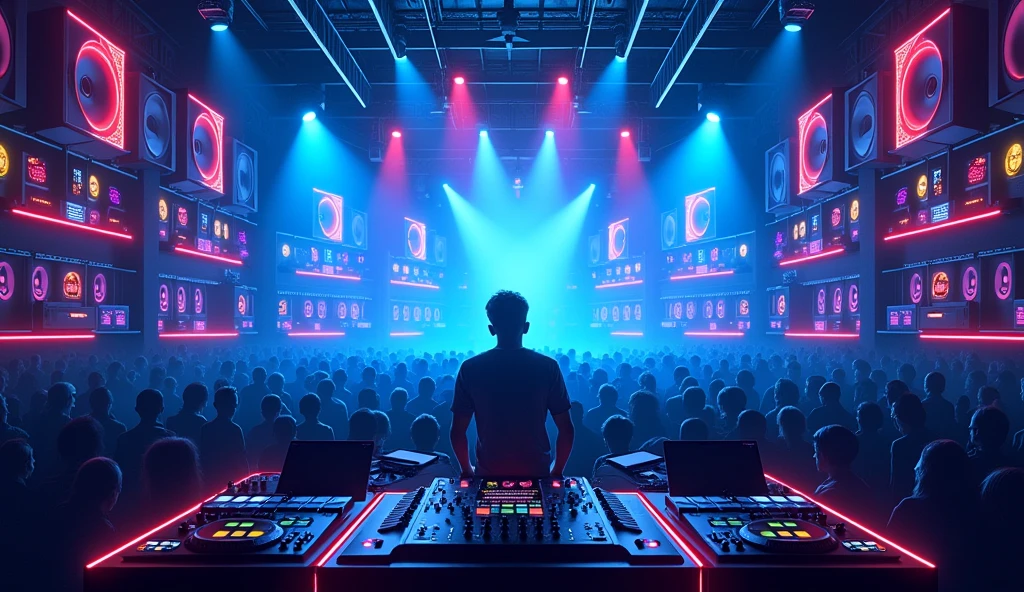 poster with large speakers and musical equipment in the background, neon blue color scheme, big text "hanya ingin kau tau" in the top left corner, large sound waves coming from speakers, black white yellow green orange purple pink red palette, in the style of photorealistic, in the style of hyper realistic. 30locent disco", background of huge speakers, keyboard and audio equipment in the foreground, neon lights, vector graphics, bright colors, neon blue light effect, musical theme, logo for DJ club "Girlz tasting techno". Vector illustration. A poster with a big sound system, dj music festival flyer or party flyer template design, in the style of ultra realistic photography