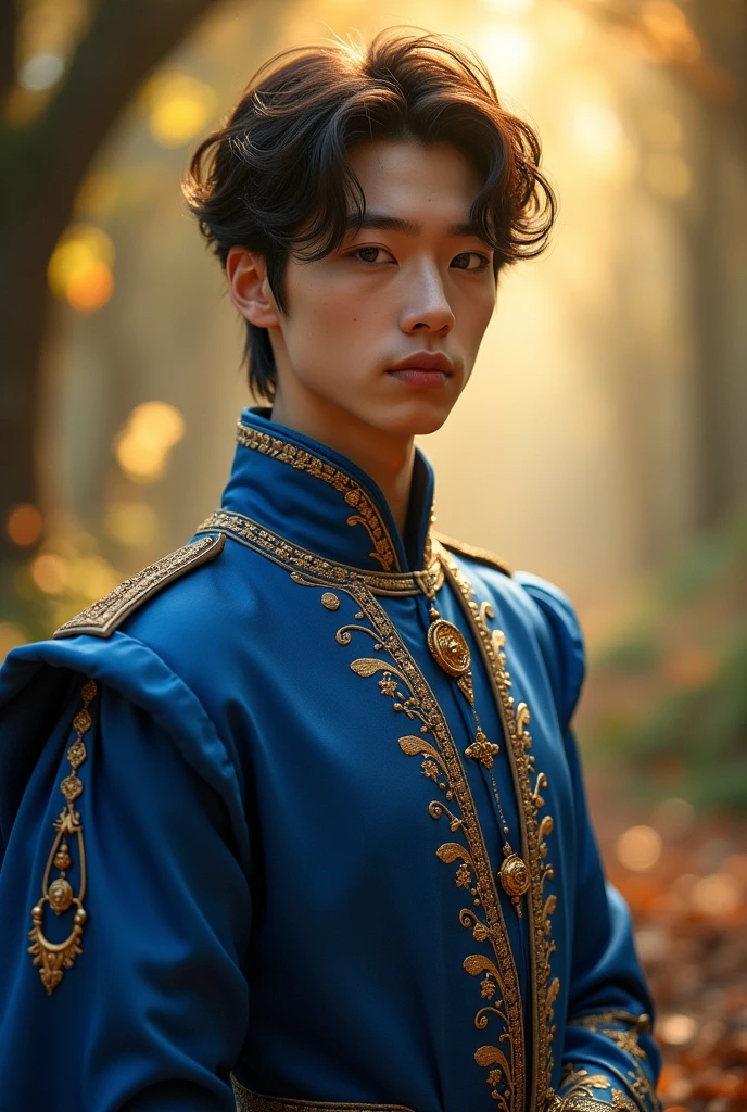 Adult boy Asian look specify me Jungkook from the group bts, with pale skin, blue dress characteristic of the Disney character the prince ben of descendants
