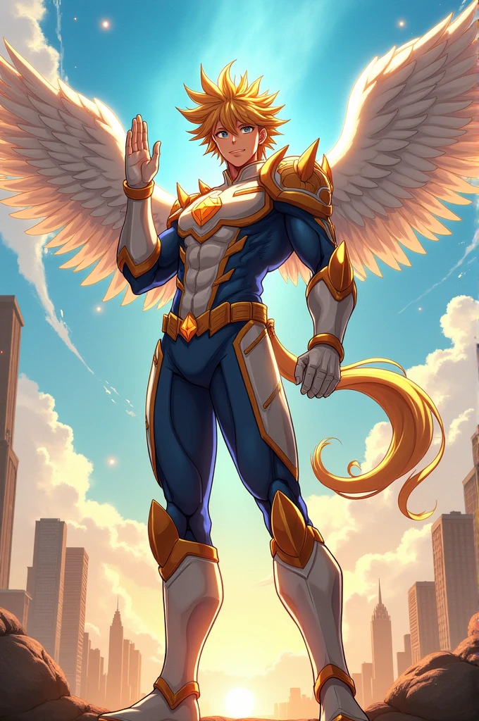 make me an oc from Boku no hero academia Genre: male skin: blonde hair: brown with golden streaks on the bottom: In the sanctuary pose: Waving clothes: a Pegasus armor