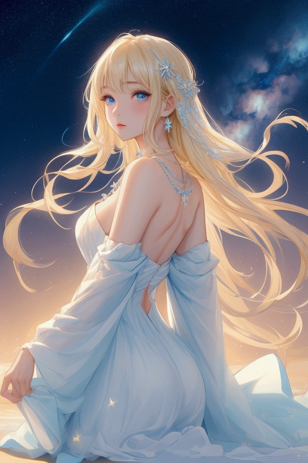 (masterpiece、Highest quality、8k、High resolution)、(The best beautiful girl)、Best Style、(The most beautiful face)、Clear skin、Clean blue eyes、Beautiful lips、Beautiful nose、Blonde Hair、Ample breasts、Walking on the sand、look back、The line of the buttocks is round and beautiful.、Ocean、You can see the forest、A bright night with stars visible、Beautiful starry sky、milky way、(体whole bodyから神秘的な光の粒子、Colorful Light)、The face looks beautiful、(jewelry、necklace)、dress、(whole body)、Highly detailed anime art、A complete portrayal、