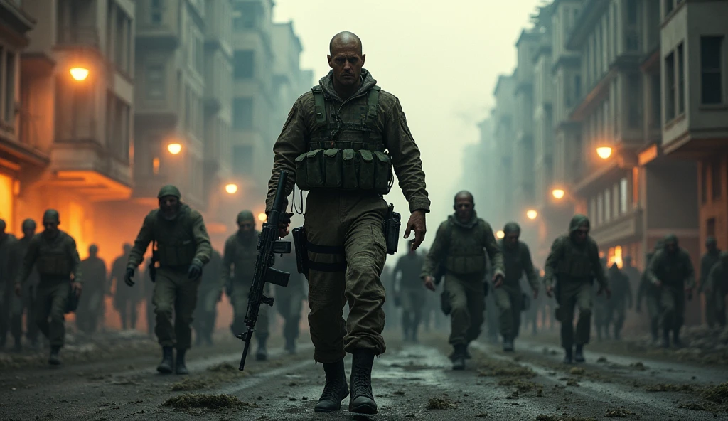 Make photo of zombies coming to kill add soldier that fighting with them realistic