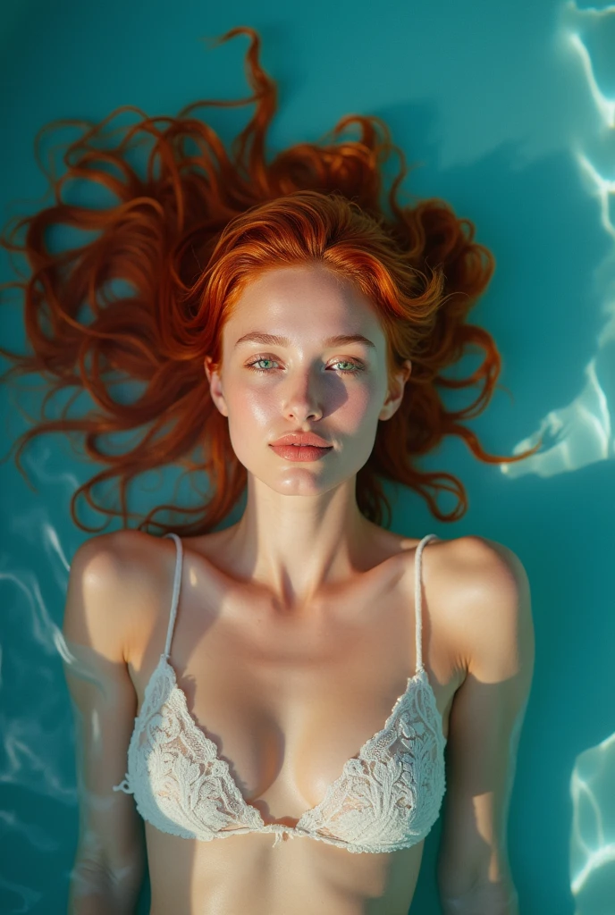 Une femme rousse sexy se trouve dans une piscine, nue, immergée à mi-hauteur dans l'eau cristalline. Ses cheveux roux, mouillés et plaqués contre sa peau, captent la lumière ambiante, créant des reflets cuivrés qui accentuent leur éclat naturel. Les ondulations de sa chevelure tombent en cascades sur ses épaules et son dos, ajoutant une touche sauvage et sensuelle à son allure. L'eau de la piscine est d’un bleu profond et limpide, contrastant magnifiquement avec la clarté de sa peau, légèrement dorée par le soleil. La surface de l’eau caresse son corps, révélant par moments ses courbes gracieuses et féminines. Ses épaules et ses clavicules sont à peine émergées, tandis que la lumière douce de l’eau joue sur son torse, créant des reflets mouvants qui ajoutent une dimension mystérieuse et séduisante. Elle se tient avec grâce, ses bras peut-être légèrement écartés pour flotter ou posés sur le bord de la piscine. Son expression est sereine, avec un léger sourire qui reflète la sensation de bien-être et de liberté qu’elle ressent. Ses yeux, d'un vert profond ou d'un bleu perçant, captent l’objectif avec un regard à la fois doux et intense, ajoutant une touche de mystère à son charme.