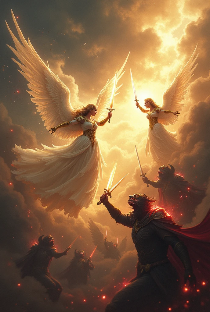 Beautiful angels fighting against demons