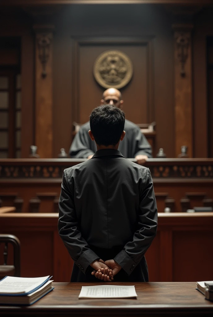 A courtroom with a judge and an asylum seeker standing in front of the judge 