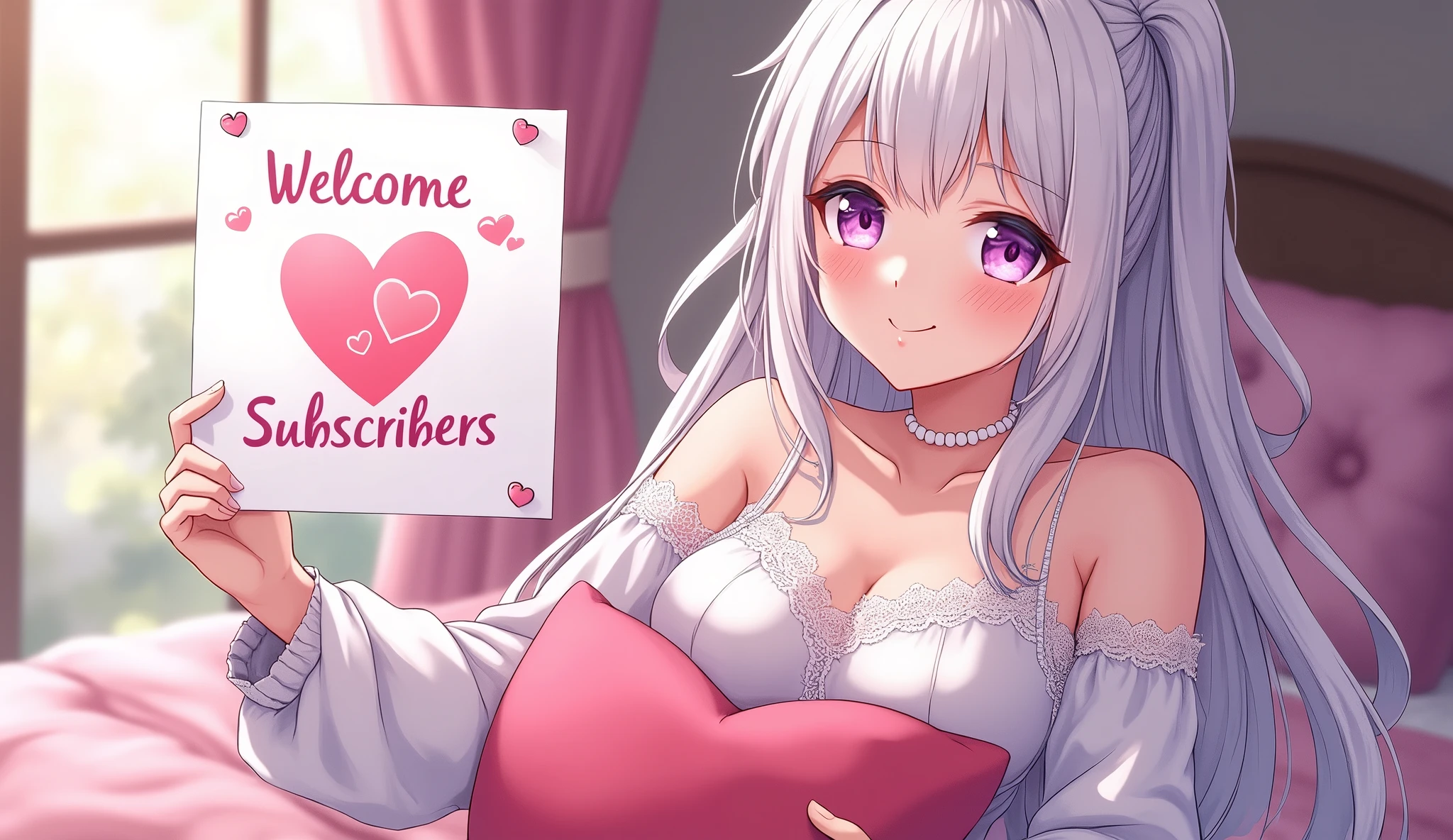 (best quality, ultra-detailed, photorealistic: 1.39), bright and vibrant colors, studio lighting, romantic expression, An effeminate girl, with a delicate and beautiful face. She is a girl who reflects seductive beauty, sparkling eyes, a charming woman with her flowing white hair, her large breasts seductive, wearing a lace blouse with a necklace, her sparkling purple eyes match her beautiful smile, she holds a poster in the shape of a pillow with a welcome message to subscribers, heart emoji and kisses in the welcome message, beautiful room as a backdrop, anime style, Anime Bishoujo