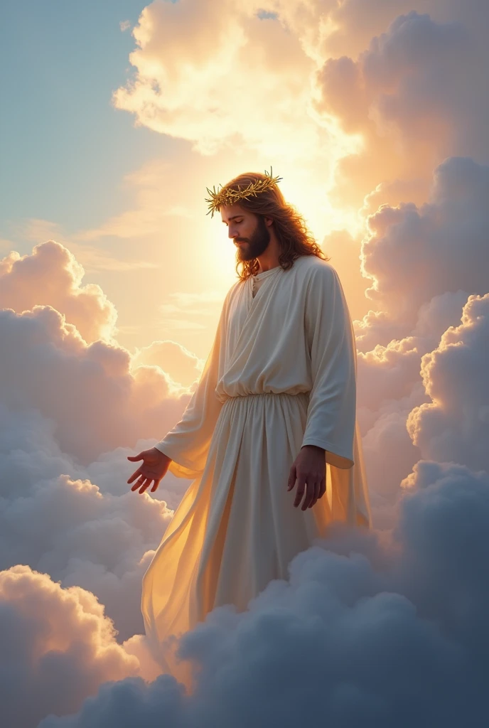 "Jesus, crowned with thorns, majestic and serene, stands high in the clouds of heaven. His gaze is one of compassion and wisdom, directed toward the Earth. The scene is enveloped in a heavenly luminosity, with soft clouds and rays of light highlighting His presence. The background is a vast and ethereal sky, conveying a sense of peace and spirituality."