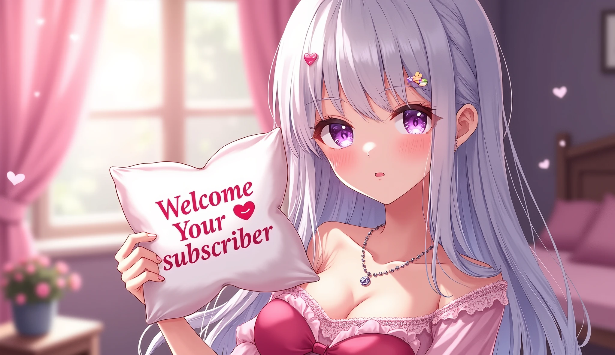 (best quality, ultra-detailed, photorealistic: 1.39), bright and vibrant colors, studio lighting, romantic expression, An effeminate girl, with a delicate and beautiful face. She is a girl who reflects seductive beauty, sparkling eyes, a charming woman with her flowing white hair, her large breasts seductive, wearing a lace blouse with a necklace, her sparkling purple eyes match her beautiful smile, she holds a poster in the shape of a pillow with a welcome message to subscribers, heart emoji and kisses in the welcome message, beautiful room as a backdrop, anime style, Anime Bishoujo