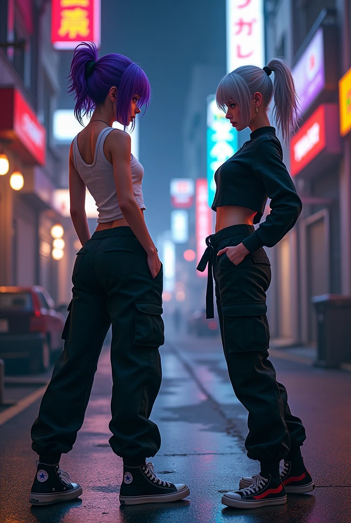 To create the image of the girl with these characteristics, I will describe the scene in detail:
A young woman with features inspired by the characters from Tokyo Revengers. she has purple hair, a stylish cut that falls a little over the face, with piercing violet eyes. His gaze is intense, with a slight reddish tint around the eyes, suggesting anger or contained emotion. She is wearing black cargo pants that give a modern and casual touch., a simple white top that contrasts with your skin, and put on a pair of classic All Stars. Her pose is confident, reflecting strength and determination, in an urban environment that reinforces the anime aesthetic.
fighting with a character that resembles Senju, but with some different features to avoid copyright infringement. I'll detail the scene now..
The girl with long purple hair is in the middle of an intense fight with another young woman, which has a style inspired by the character Senju from Tokyo Revengers. The opponent has short silver hair., piercing green eyes, and is wearing a martial arts uniform, showing skill and agility. Both are in combat poses, with determined expressions, in a nighttime urban environment, with city lights in the background, which intensifies the dramatic atmosphere of the scene.