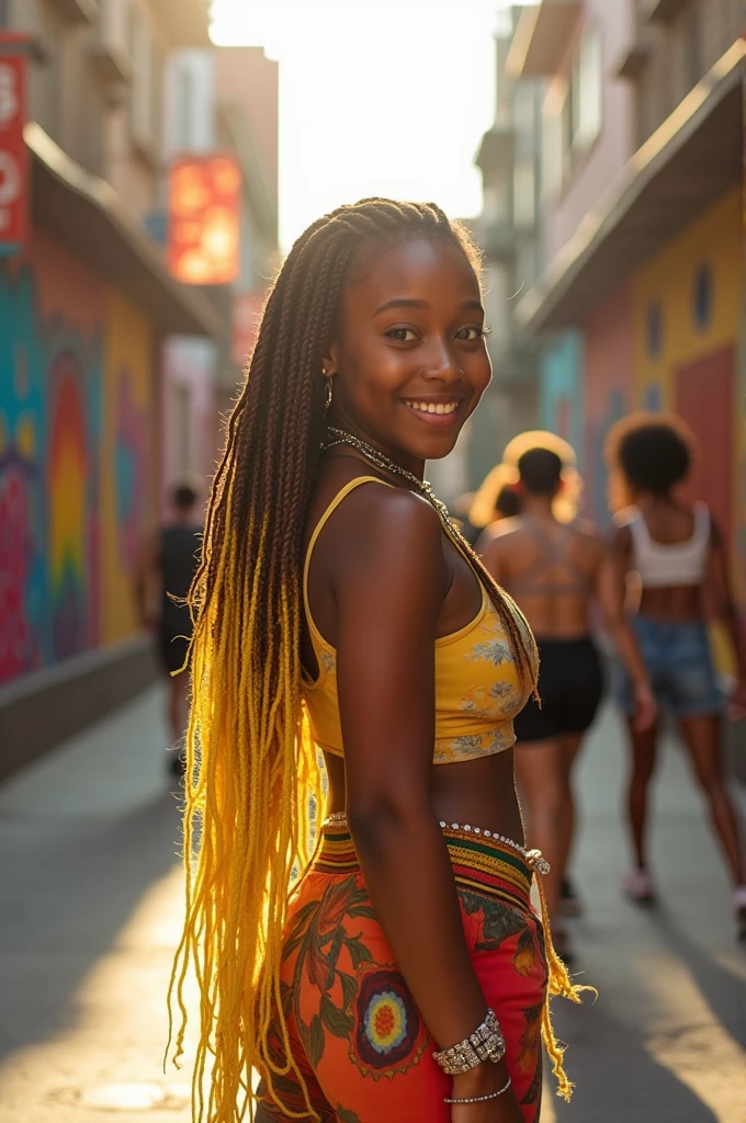 Girl with light brown African braids with yellow tips
