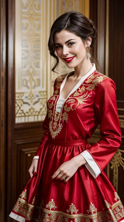 Lena Meyer-Landrut wearing traditional Russian clothes sexy with lipstick and smiling