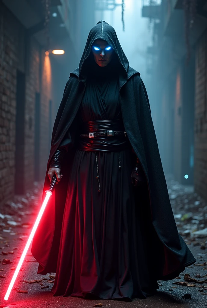 The app Paypal as a Sith Lord from Star Wars, colors of the app (Blue, white), red lightsaber, creepy, scary, ultra-realistic