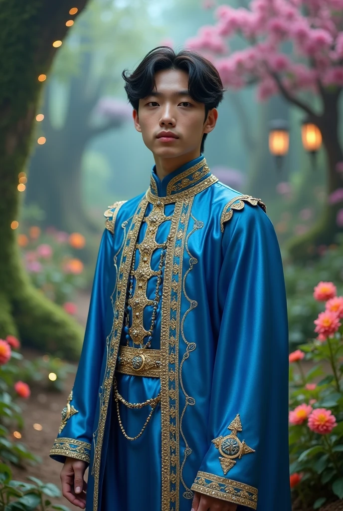 Adult boy Asian look specify me Jungkook from the group bts, with pale skin, blue dress characteristic of the Disney character the prince ben of descendants