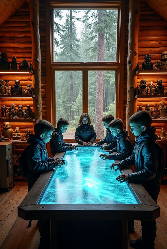 The cabin contains a holographic table that the campers use to plan battles.. Many weapons are stored inside the cabin, as well as personal armor for each camper staying at the Cabin