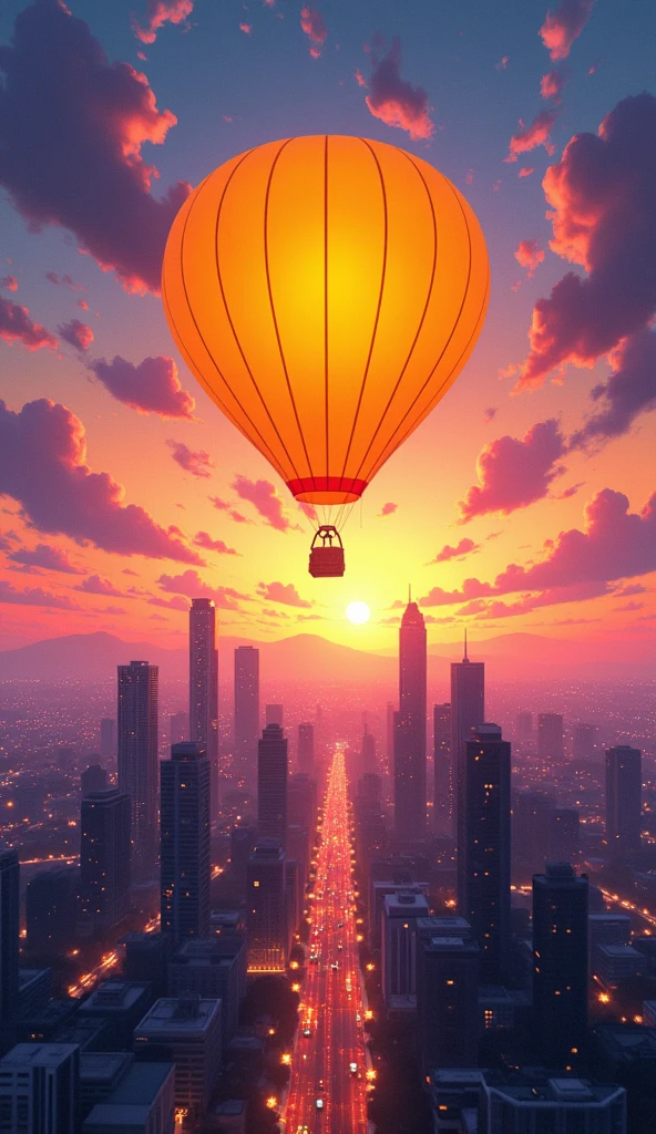 anime inspired Bright Balloons over Urban Skyline: A bright yellow hot air balloon rises above a bustling cityscape at dusk, with skyscrapers and city lights creating a dynamic and energetic backdrop. Realistic and cinematic. Award winning photography. Advertising photography. Commercial photography --chaos 23 --ar 16:9 --stylize 750, Hawaii, gta vice style , illustration , reteo comic illustration