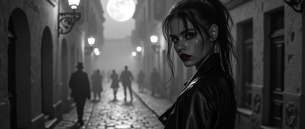 Moody black and white photography, ((best quality)), ((masterpiece)), (detailed), 1girl, Caucasian (dark messy wet flowing hair:1.3), skinny cute, ponytail hairstyle, age 22:1.3, (smudged eye makeup:1.4), big lips:1.3, ( short height skinny cute:1.4), (naked:1.4), seductive pose, realistic photo, ((4K)) , sweaty textured skin, (small breasts:1.4), (dirty:1.2), a seductive vampire standing on a moonlit cobblestone street corner, the the moonlight creates reflections off the cobblestone floor. in an old European city. The vampire is wearing a bikers leather jacket and suspenders with nothing on underneath, while seductively holding the jacket open from each side with both hands to reveal her Cleaverge. Her lower part of the body wearing sexy stocking with biker boots. Her skin is unnaturally pale, contrasting with blood-red lips and elongated fangs barely visible as she seductively smirks at the viewer. She has beautiful eyes with long flowing messy wet hair that has streaks of moonlight.
The background transforms into a misty, gothic cityscape. Candle lamps cast a flickering, ominous light on crumbling stone buildings. Gargoyles leer from rooftops, and wrought-iron fences line the street. The motorcycle in the foreground becomes a sleek, black mechanical beast with glowing red accents.
Shadowy figures lurk in doorways, hinting at a hidden vampire society. A full moon hangs low in the sky, bathing the scene in an otherworldly silvery light.
The moody black and white color palette, deep inky blacks, creating an atmosphere of supernatural allure and danger. Wisps of fog curl around the vampire's feet, adding to the mystical ambiance.
This reimagined composition maintains the sexy seductive pose of the subject but infuses the scene with elements of gothic horror and vampire lore, transforming a classic vintage urban setting into a timeless realm of dark fantasy. Camera used nikon f2, lens used is vintage nikkor 85mm f2 to create amazing shallow depth of field.