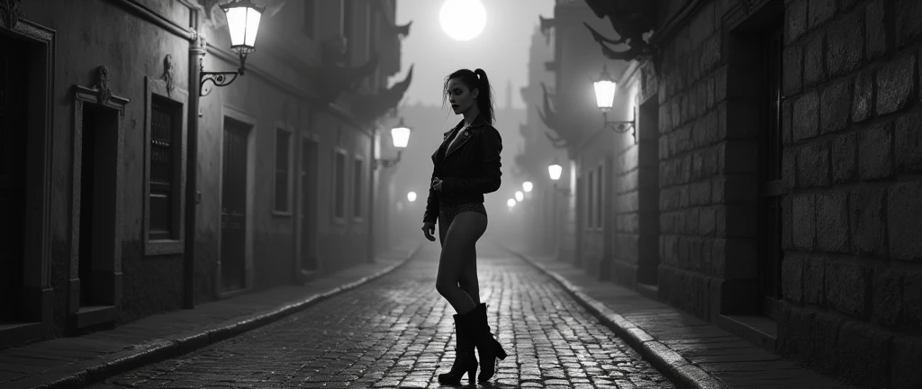Moody black and white photography,  ((best quality)), ((masterpiece)), (detailed), 1girl, Caucasian (dark messy wet flowing hair:1.3), skinny cute, ponytail hairstyle, age 22:1.3, (smudged eye makeup:1.4), big lips:1.3, ( short height skinny cute:1.4), (naked:1.4), seductive pose, realistic photo, ((4K)) , sweaty textured skin, (small breasts:1.4), (dirty:1.2), a seductive vampire standing on a moonlit cobblestone street corner, the the moonlight creates reflections off the cobblestone floor. in an old European city. The vampire is wearing a bikers leather jacket and suspenders  with nothing on underneath, while seductively holding the jacket open from each side with both hands to reveal her Cleaverge. Her lower part of the body wearing sexy stocking with biker boots. Her skin is unnaturally pale, contrasting with blood-red lips and elongated fangs barely visible as she seductively smirks at the viewer. She has beautiful eyes with long flowing messy wet hair that has streaks of moonlight. 
The background transforms into a misty, gothic cityscape. Candle lamps cast a flickering, ominous light on crumbling stone buildings. Gargoyles leer from rooftops, and wrought-iron fences line the street. The motorcycle in the foreground becomes a sleek, black mechanical beast with glowing red accents.
Shadowy figures lurk in doorways, hinting at a hidden vampire society. A full moon hangs low in the sky, bathing the scene in an otherworldly silvery light.
The moody black and white color palette, deep inky blacks, creating an atmosphere of supernatural allure and danger. Wisps of fog curl around the vampire's feet, adding to the mystical ambiance.
This reimagined composition maintains the sexy seductive pose of the subject but infuses the scene with elements of gothic horror and vampire lore, transforming a classic vintage urban setting into a timeless realm of dark fantasy. Camera used nikon f2, lens used is vintage nikkor 85mm f2 to create amazing shallow depth of field.