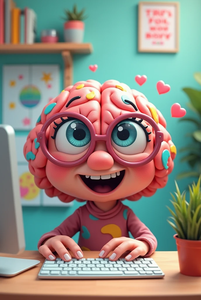 A cute colorful cartoon brain using a computer wearing glasses