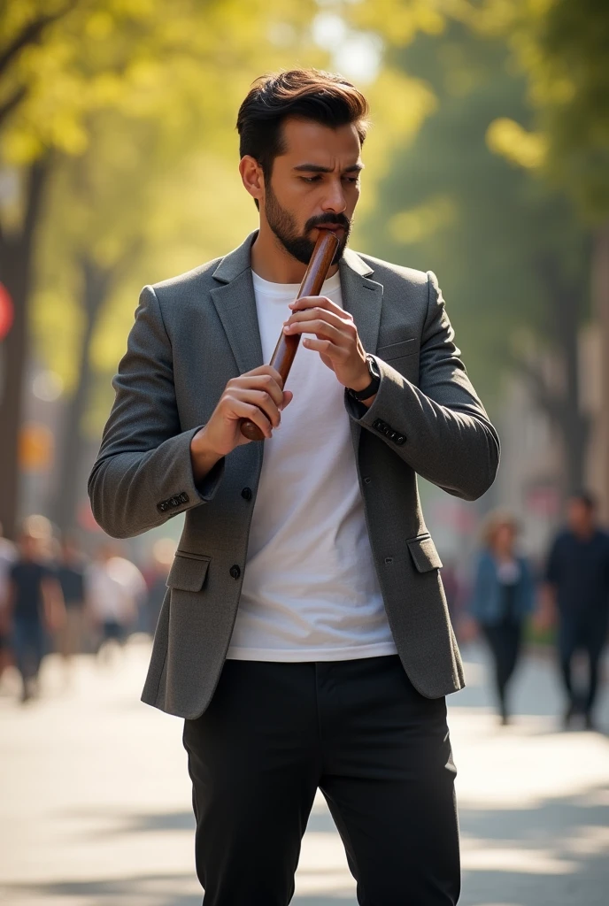 (photorealism:1.2), man, playing quena with a sport grafithe gray suit, black sport pants and white t-shirt
