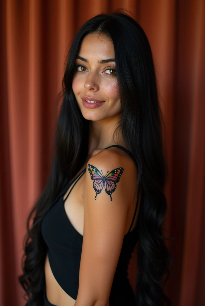 woman with long wavy black hair, gold eyes, pink mouth, butterfly tattoo on shoulder, curtain