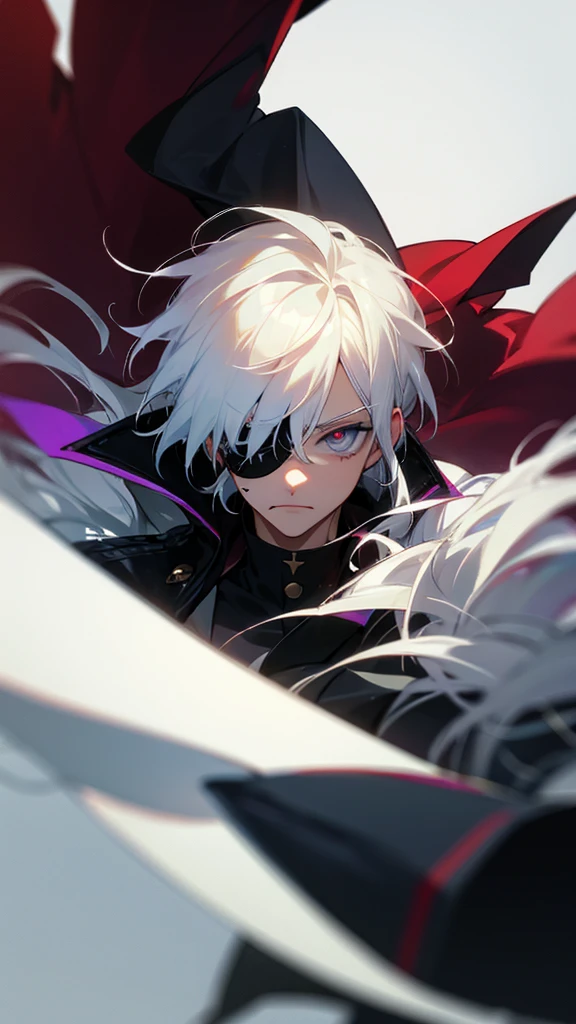guy with white hair with an eye patch on his left eye, anime style  