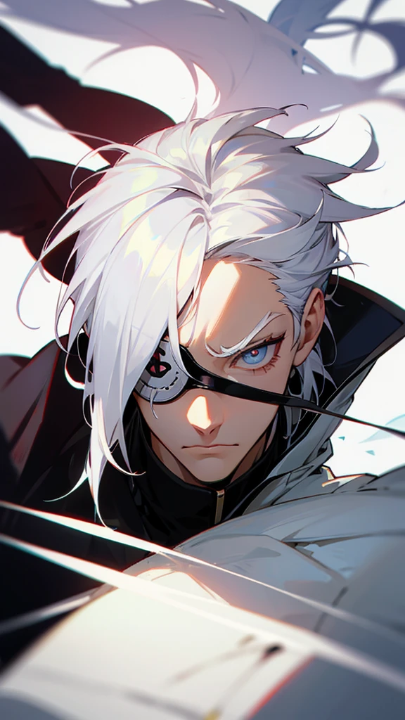 guy with white hair with an eye patch on his left eye, anime style  