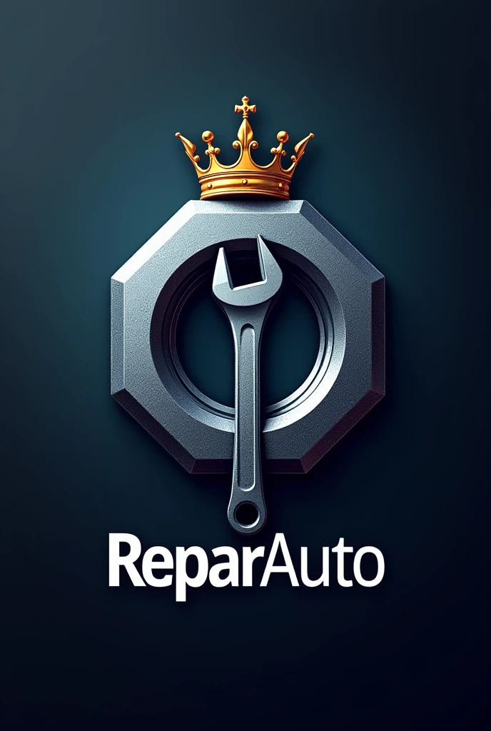 A logo of an automotive workshop 
, and its logo is a nut with a crown on top and a wrench in the center and it is called ReparAuto 