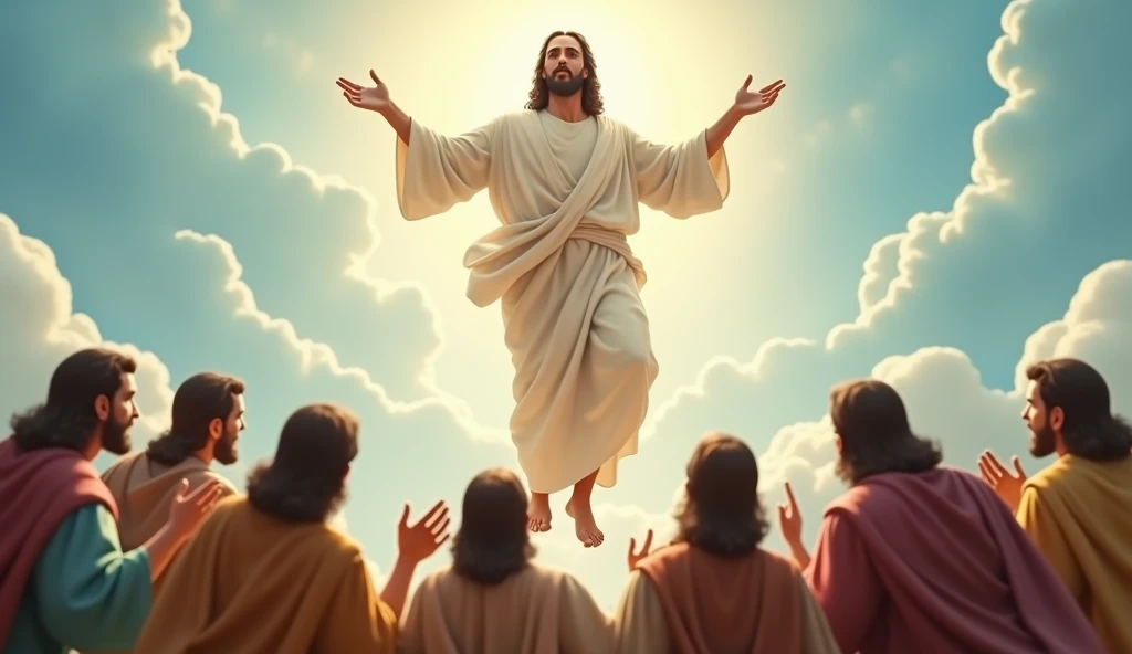 "Create a realistic image of Jesus Christ ascending into heaven, as described in the biblical passage. The scene should portray Jesus in a moment of glory, with a serene expression full of wisdom, rising above his disciples who are around, expressing emotion and reverence. The environment must be natural, with a clear blue sky and soft clouds, but the color palette should be sober and not too saturated, using neutral and pastel tones. Lighting should be soft, highlighting the figure of Jesus and creating a delicate contrast with the disciples, which must be represented in typical clothing of the time, with expressions of admiration and astonishment. This image will be used for a video on YouTube, proto, should convey a sense of reverence and spirituality."