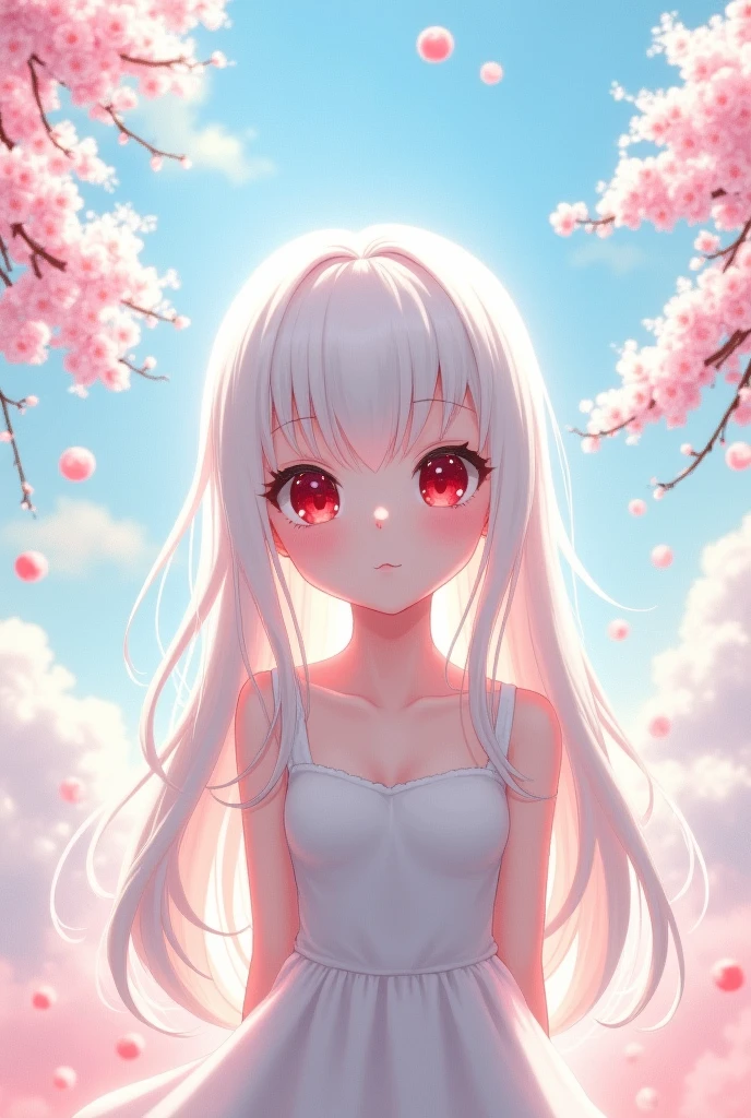 Albino anime girl with her hair parted in the middle and big eyelashes