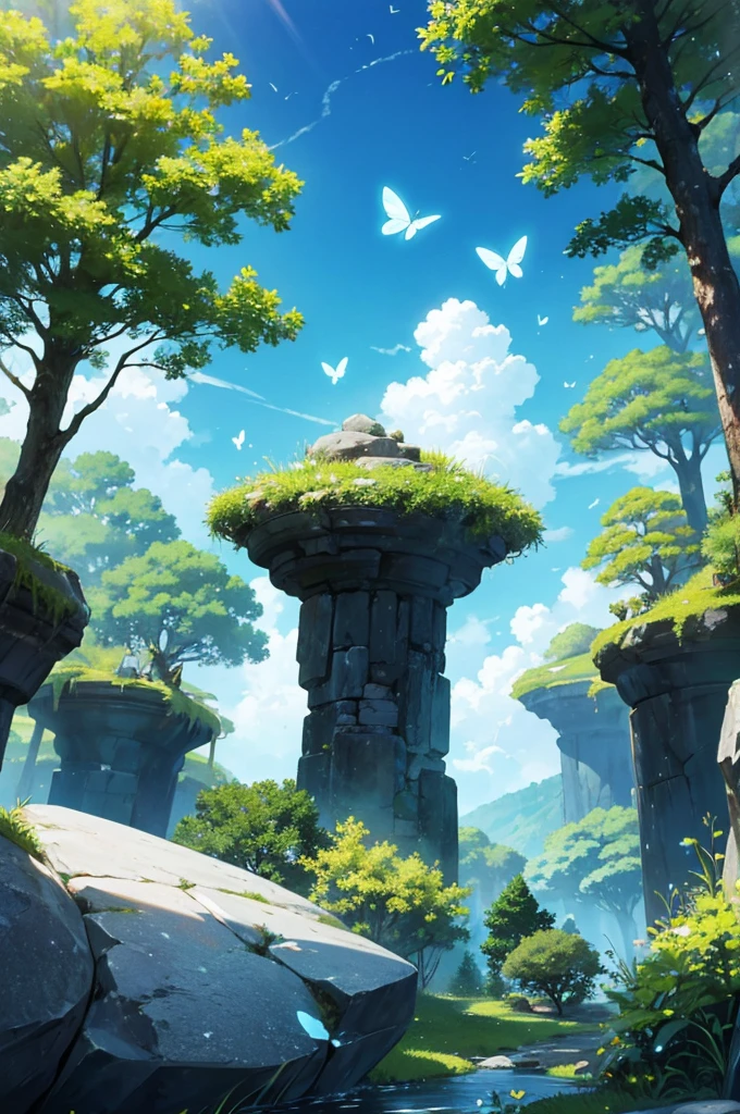 create the image of a large stone on top of it is a beautiful small diamond that shines very brightly. the setting is a beautiful forest with small butterflies flying