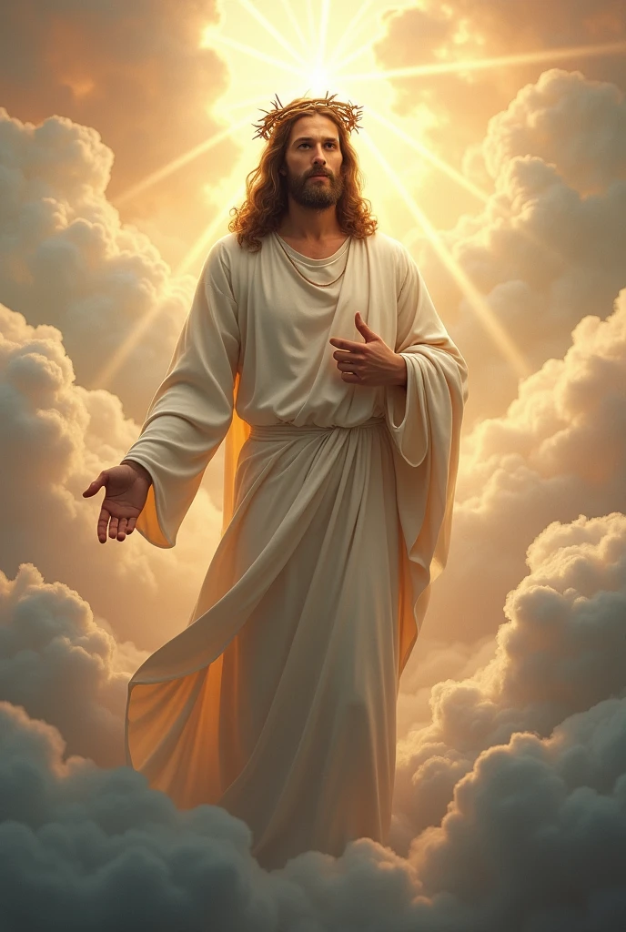 "Jesus, crowned with thorns, majestic and serene, stands high in the clouds of heaven. His gaze is one of compassion and wisdom, directed toward the Earth. The scene is enveloped in a heavenly luminosity, with soft clouds and rays of light highlighting His presence. The background is a vast and ethereal sky, conveying a sense of peace and spirituality."